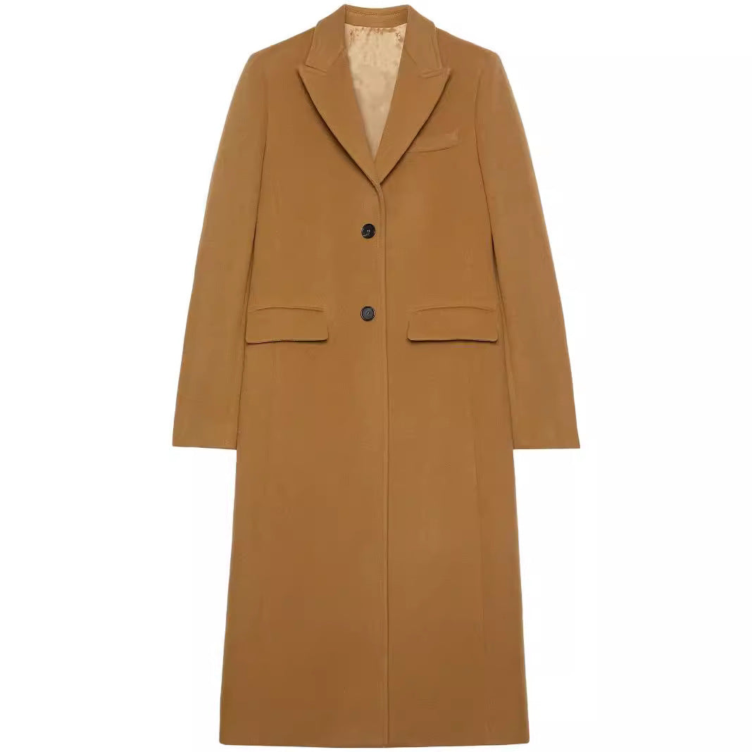 Damen Maxilanger Einreihiger Longcoat im minimalistischen Tailoring mit Pattentaschen Echoarchiv