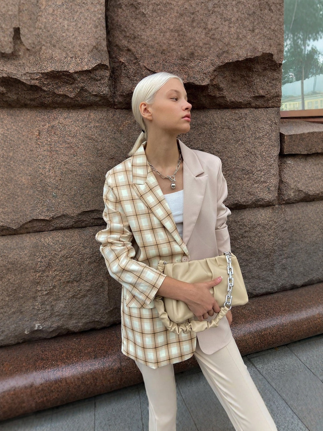 Damen Zweifarbiger Oversize-Blazer mit Karomuster und Reverskragen Echoarchiv
