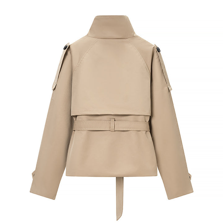 Damen Kurz-Trenchjacke im Cropped-Schnitt mit Funnelkragen und Bindegürtel Echoarchiv