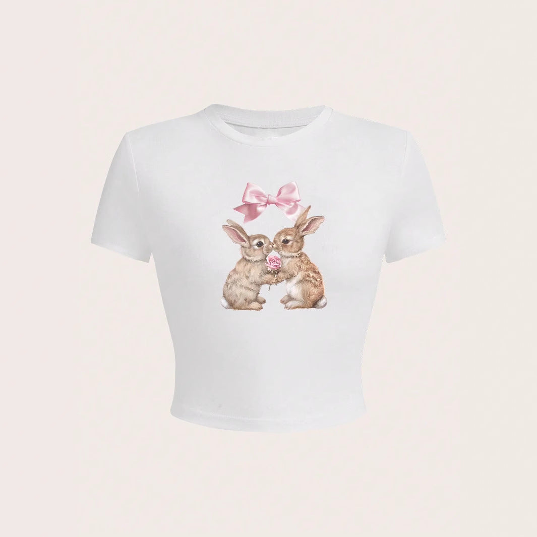 Damen Crop-Top mit entzückendem Kaninchenmotiv und Schleifendruck Echo Archiv
