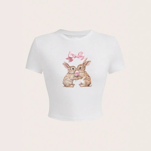 Damen Crop-Top mit entzückendem Kaninchenmotiv und Schleifendruck Echo Archiv