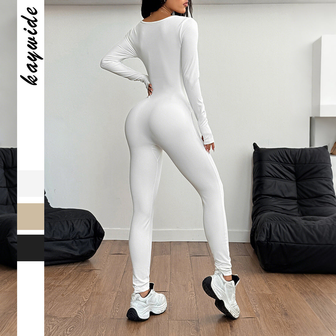 Damen sculptender Longsleeve-Bodycon Jumpsuit mit quadratischem Ausschnitt und formender Nahtführung – Solévia
