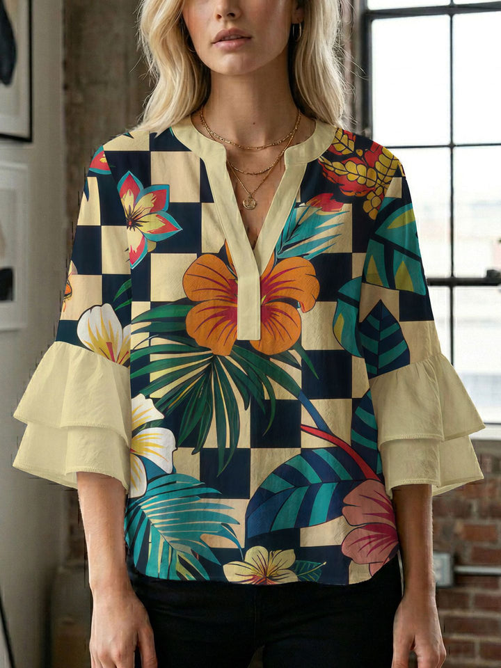 Damen Blusenshirt mit voluminösen Ärmeln und kreativem Druckdesign Echo Archiv
