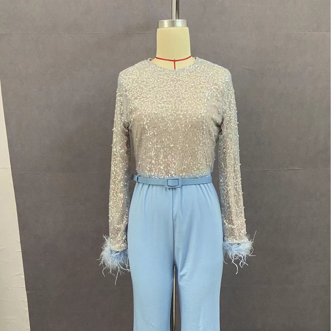 Damen Glitzerndes Oberteil mit langen Ärmeln und eleganter Hose Echo Archiv