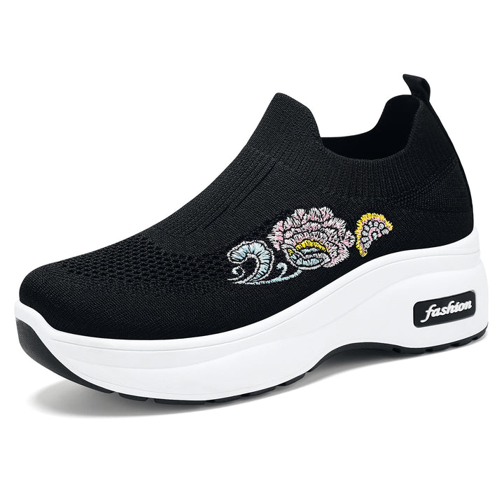 Damen nan elastischer Strick-Slipper mit aufgesticktem Blumenmotiv und stützender Keil-Laufsohle Echo Archiv