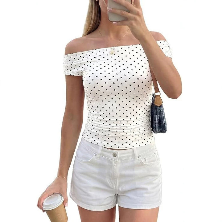 Damen Schulterfreies tailliertes Polka‑Dot Top mit geraffter Seitennaht Echo Archiv