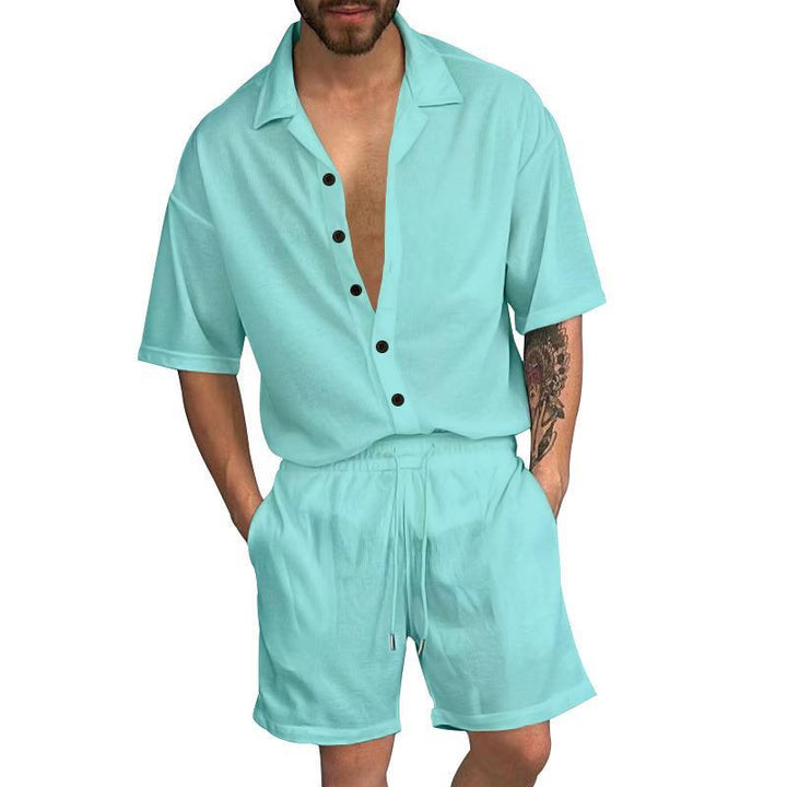 Herren lässiges Kurzarm-Oberteil mit Knopfleiste und bequemen Shorts Echoarchiv