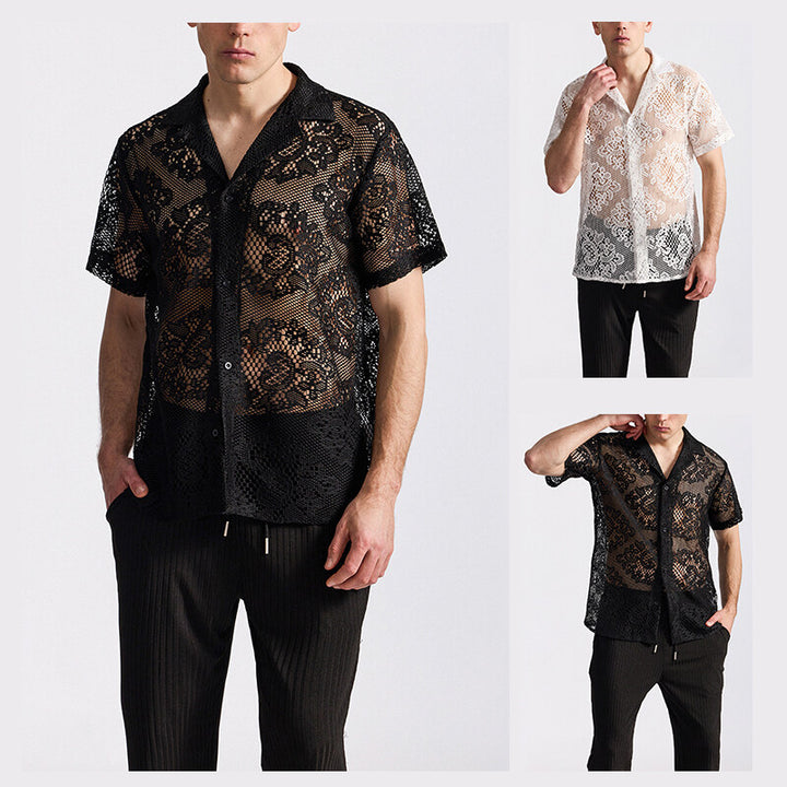Herren Designer-Hemd aus transparentem Häkelmaterial mit floralem Muster Echoarchiv