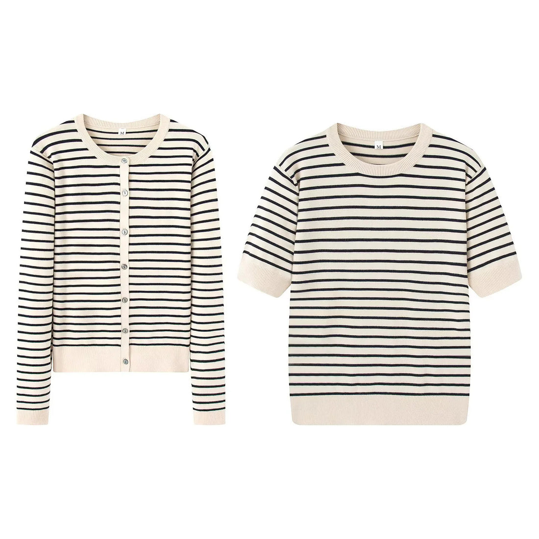Damen gestreifte Feinstrick-Cardigan mit Rundhalsausschnitt und durchgehender Knopfleiste – Veloura