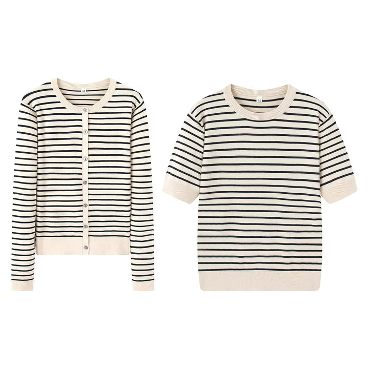 Damen gestreifte Feinstrick-Cardigan mit Rundhalsausschnitt und durchgehender Knopfleiste – Veloura