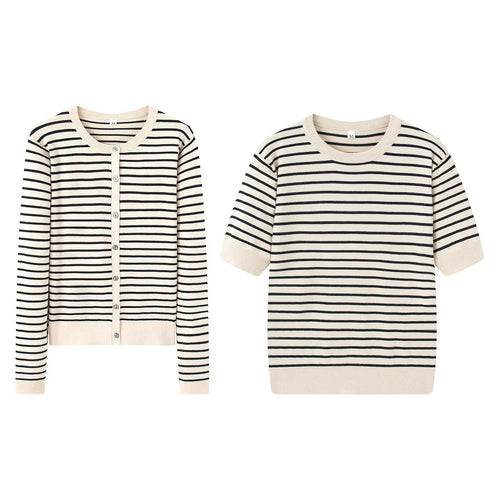 Damen gestreifte Feinstrick-Cardigan mit Rundhalsausschnitt und durchgehender Knopfleiste – Veloura