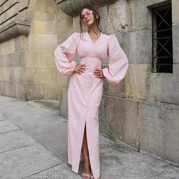 Damen Maxikleid mit Puffärmeln, tailliertem Mieder und Frontknopfleiste Echoarchiv