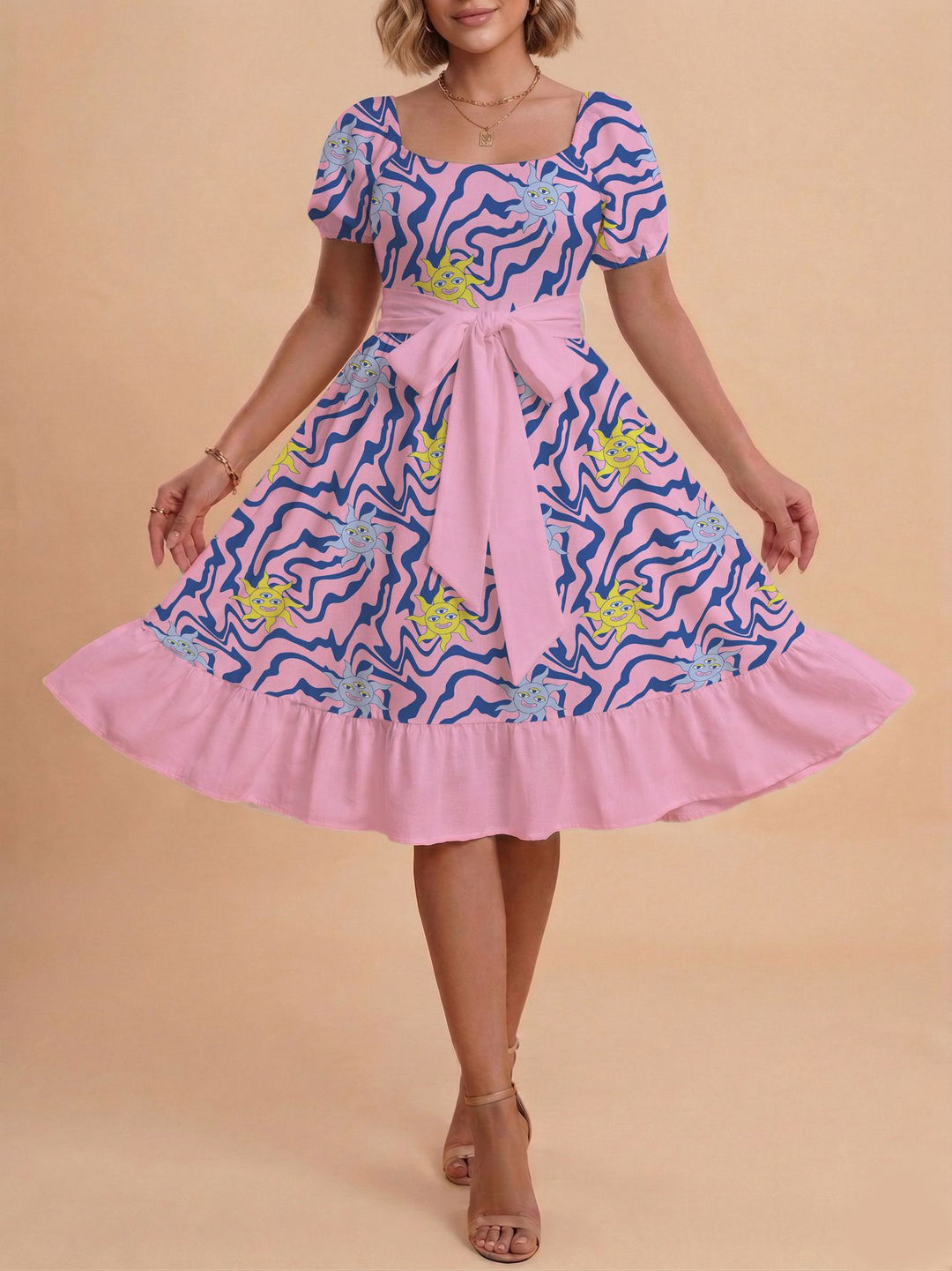 Damen Retro Maxikleid mit Puffärmeln und Taillengürtel Echo Archiv
