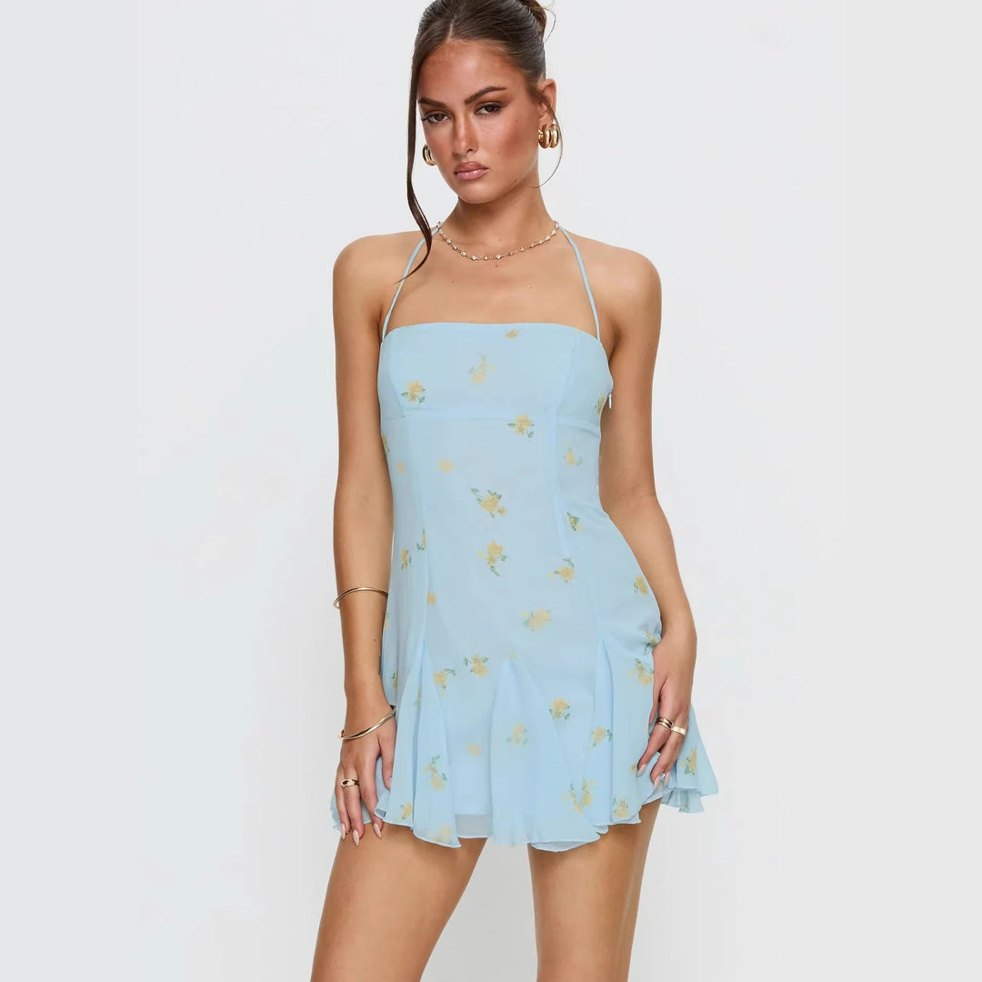 Damen luftiges Spaghetti-Träger Sommerkleid mit floralem Print und schwingendem Rock Echo Archiv