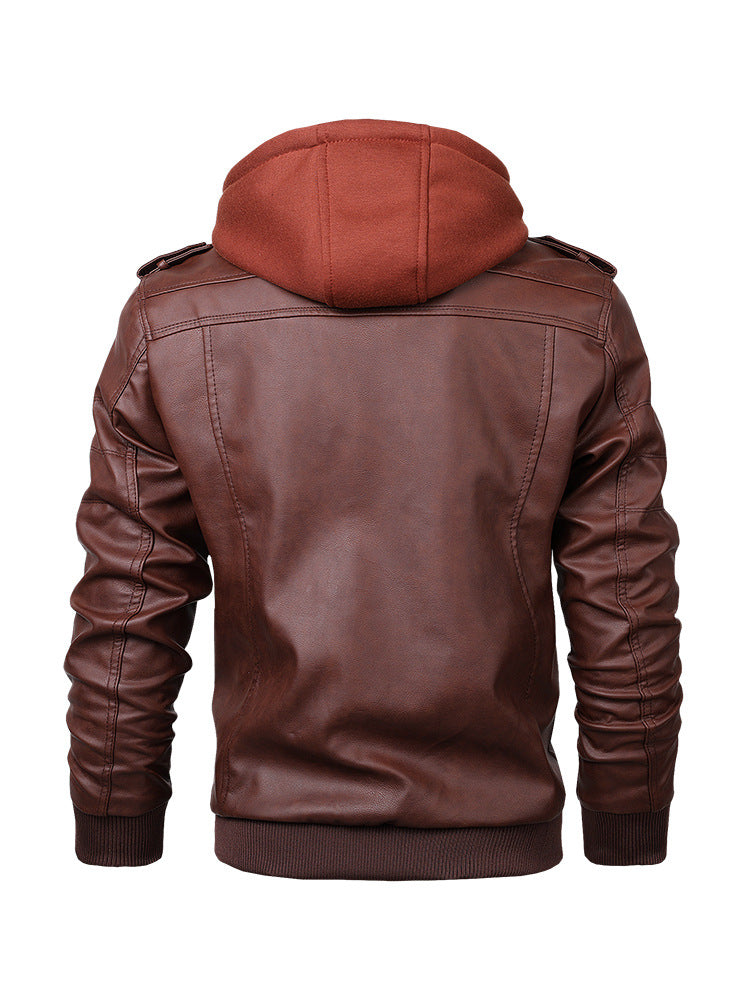 Herren Kunstleder-Bomberjacke mit Kapuze Fleece-Innenfutter und Multifachtaschen – Brevano