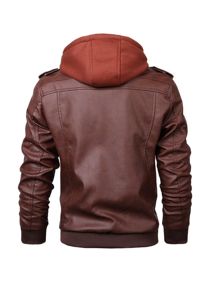 Herren Kunstleder-Bomberjacke mit Kapuze Fleece-Innenfutter und Multifachtaschen – Brevano