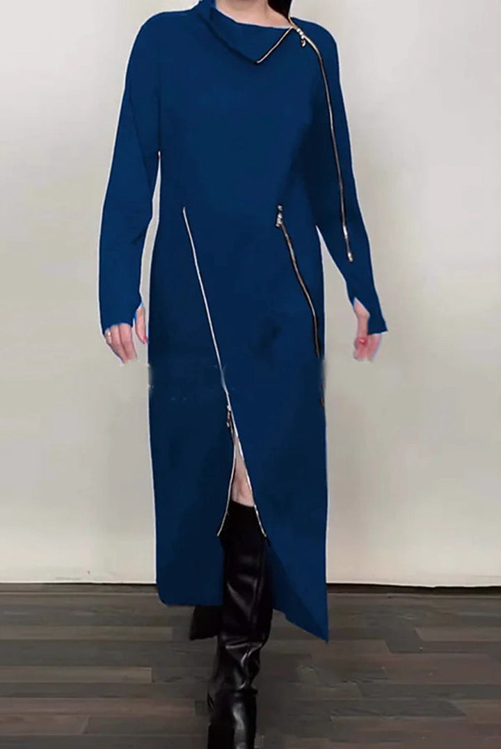 Damen nan langes Strickkleid mit asymmetrischen Metallreißverschlüssen und Frontschlitz Echo Archiv