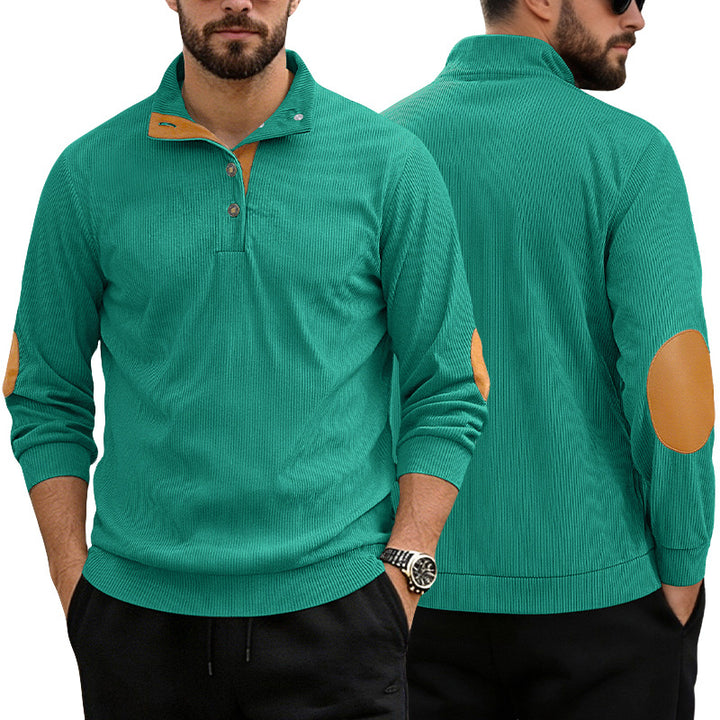 Herren nan lässiger Strukturpullover mit Polokragen, kurzer Knopfleiste und veganen Lederbesätzen Echo Archiv