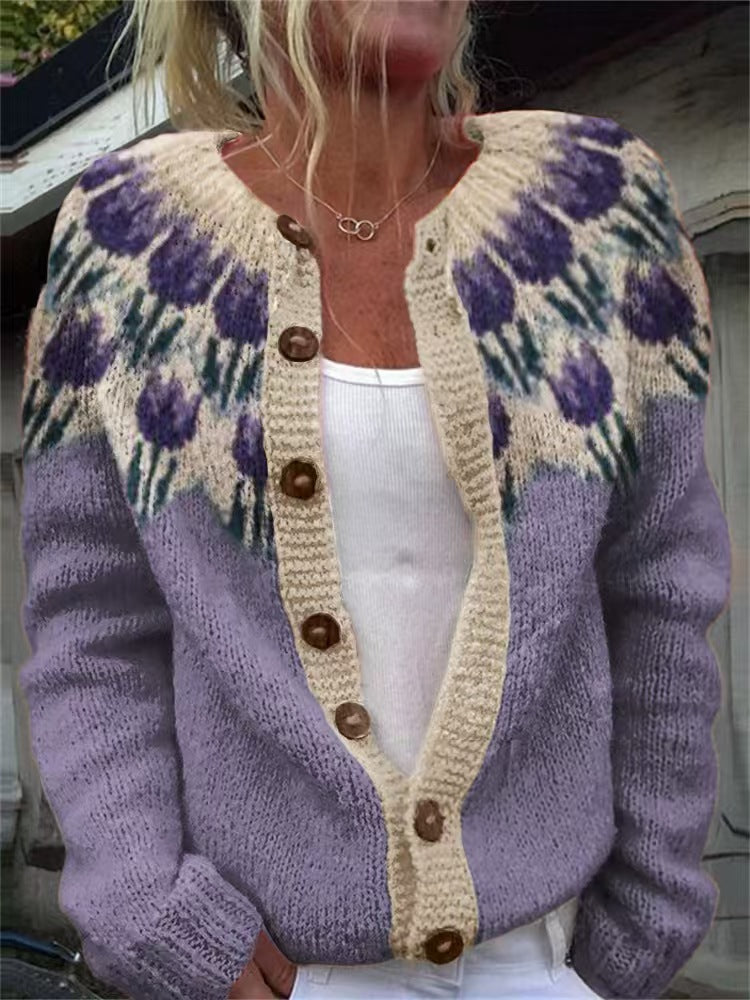 Damen nan gemusterte Strickjacke mit Rundpasse, Holzknöpfen und Eingrifftaschen Echo Archiv