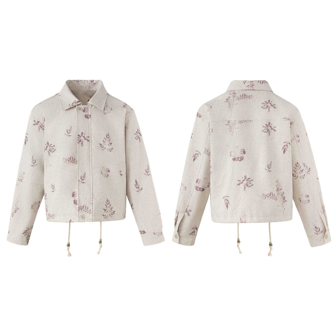 Damen Kurzer floraler Leinenblouson mit Kordelzug, verdeckter Knopfleiste und Hemdkragen Echoarchiv