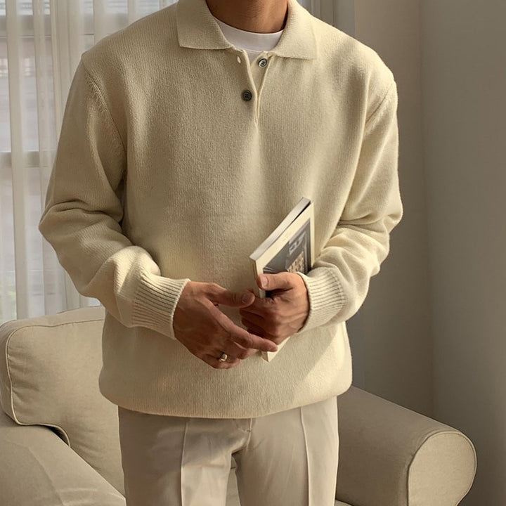 Herren Eleganter Strickpullover mit Stehkragen und Knopfleiste Echoarchiv