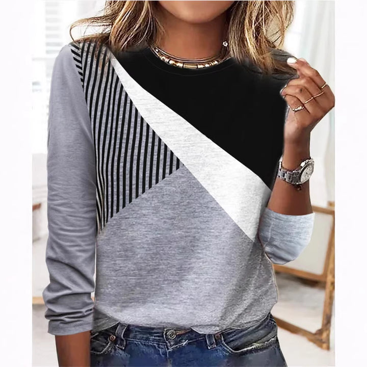 Damen Farbblock Langarmshirt mit schrägem Streifenmuster und Rundhalsausschnitt Echoarchiv