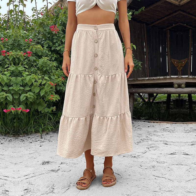 Damen Stufen-Midirock mit durchgehender Knopfleiste und hohem Bund – Rosévia