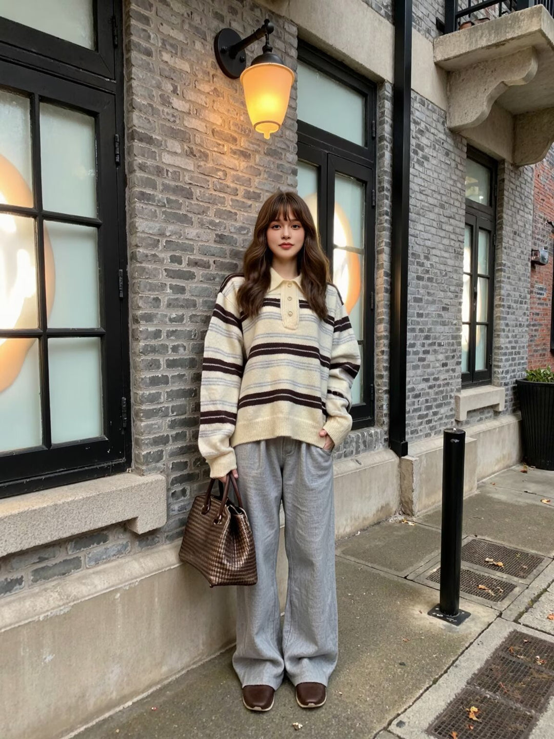 Damen Gestreifter Polokragen-Strickpullover im Oversize-Look Echoarchiv