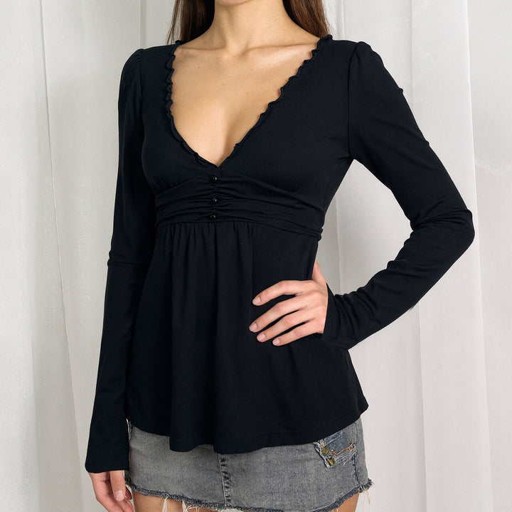 Damen Langarm-Wickelshirt im Empire-Stil mit geraffter Unterbrust und Rüschenkragen – Élovi