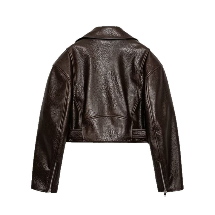 Damen Kurzgeschnittene Bikerjacke aus strukturiertem Lederimitat mit Taillengürtel Echoarchiv