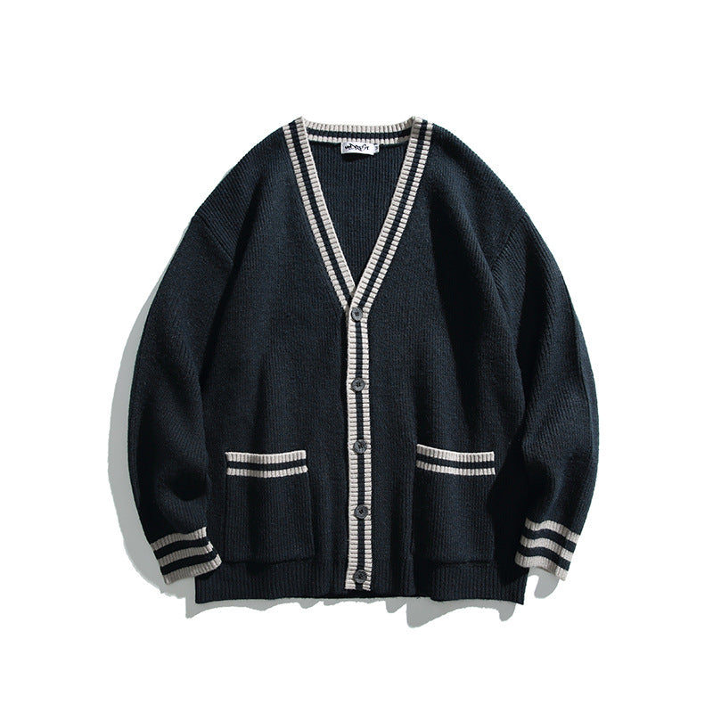 Unisex Oversize-Strickcardigan mit Kontraststreifen, V‑Ausschnitt und aufgesetzten Taschen Echo Archiv