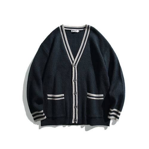 Unisex Oversize-Strickcardigan mit Kontraststreifen, V‑Ausschnitt und aufgesetzten Taschen Echo Archiv