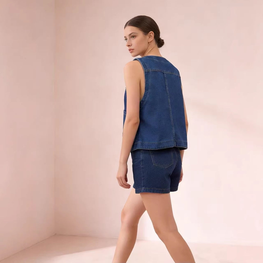 Damen lässige Denim-Weste mit Knopfdetails und aufgesetzten Taschen Echo Archiv