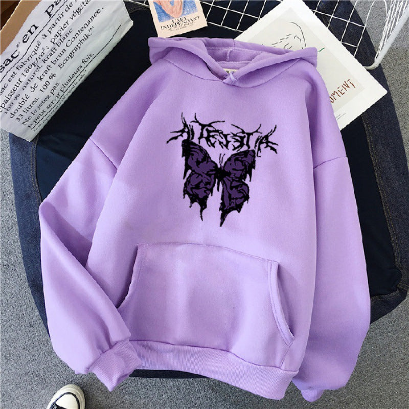 Damen Oversize-Kapuzenpullover mit gothischer Schmetterlings-Illustration und Kängurutasche – Auréline