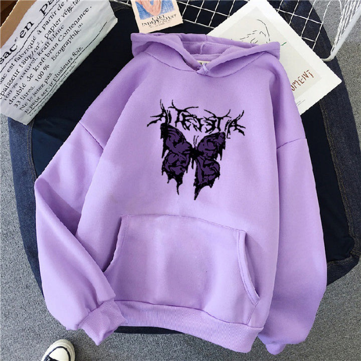 Damen Oversize-Kapuzenpullover mit gothischer Schmetterlings-Illustration und Kängurutasche – Auréline