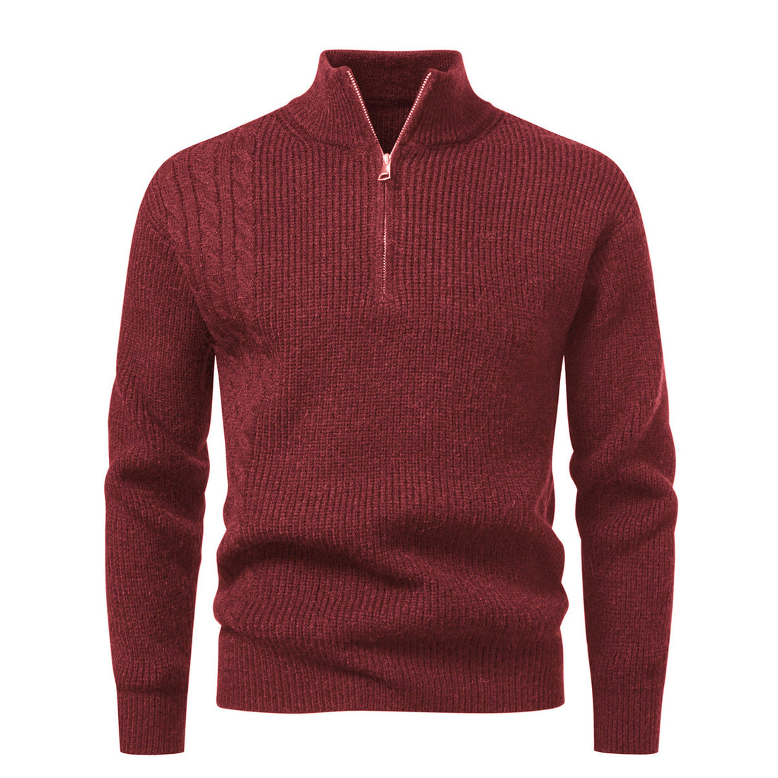 Herren Feinstrick-Halbzip-Pullover mit Stehkragen, Rippstruktur und Schulter-Zopfdetail Echo Archiv