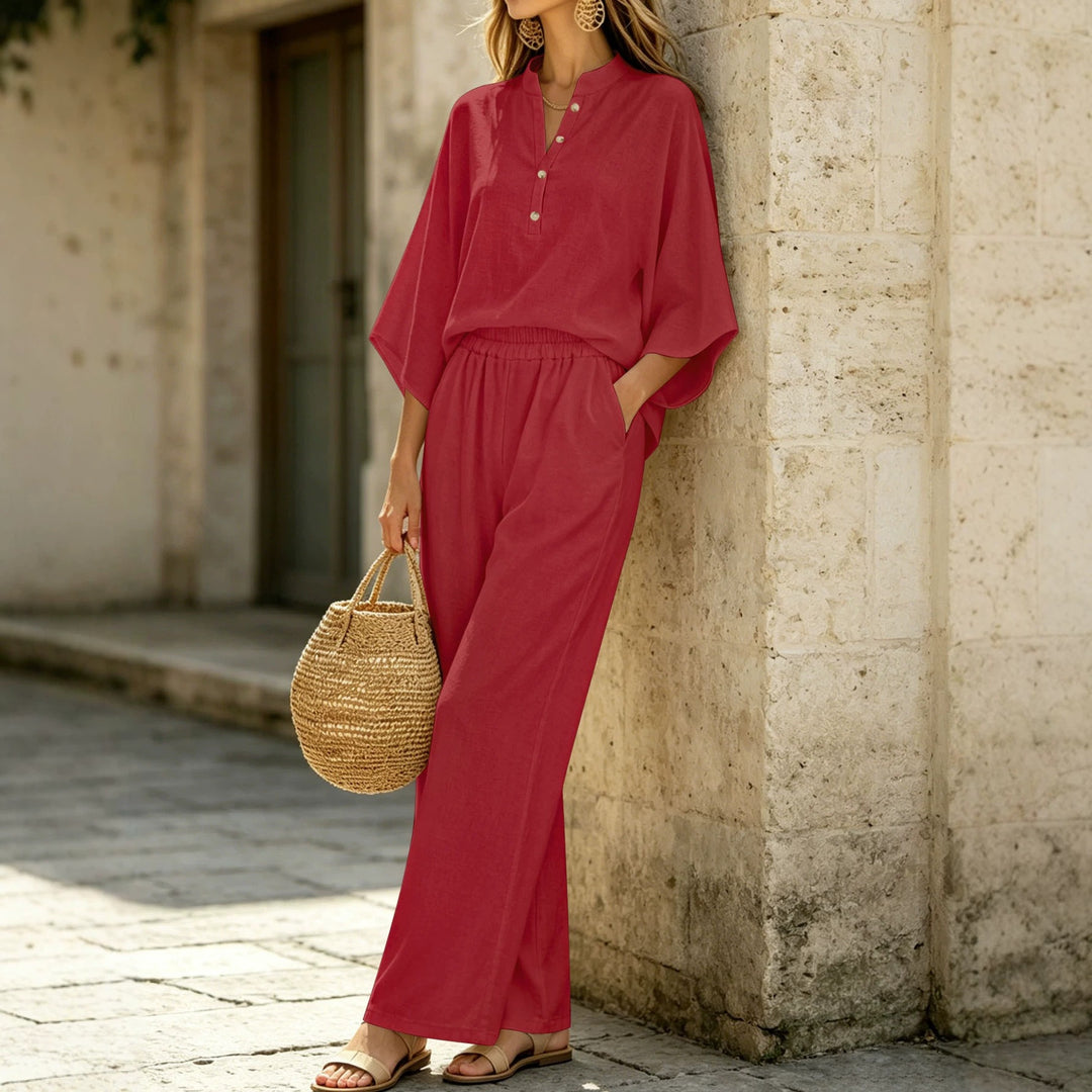 Damen Leichtes Jersey-Set mit Oversize-Henleybluse, Kimonoärmeln und weiter Bundhose – Élanora