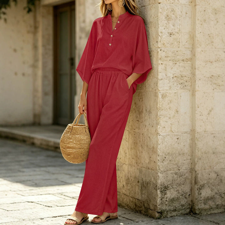 Damen Leichtes Jersey-Set mit Oversize-Henleybluse, Kimonoärmeln und weiter Bundhose – Élanora