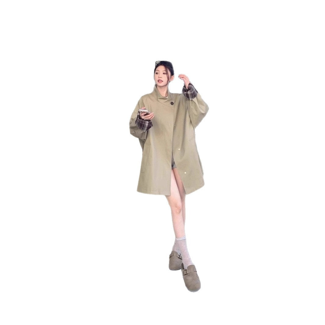 Damen Oversized Kurzmantel mit Stehkragen und kariertem Ärmelfutter Echoarchiv
