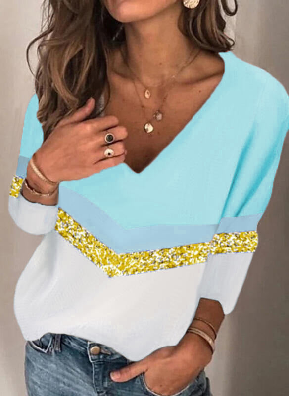 Damen Stylischer V-Ausschnitt Feinstrickpullover mit Glitzerband und Colorblock-Einsatz Echoarchiv