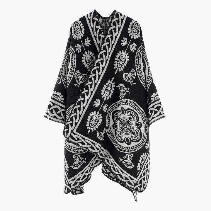 Damen Oversize-Cape mit ornamentalem Jacquard und asymmetrischem Zipfelsaum Echo Archiv