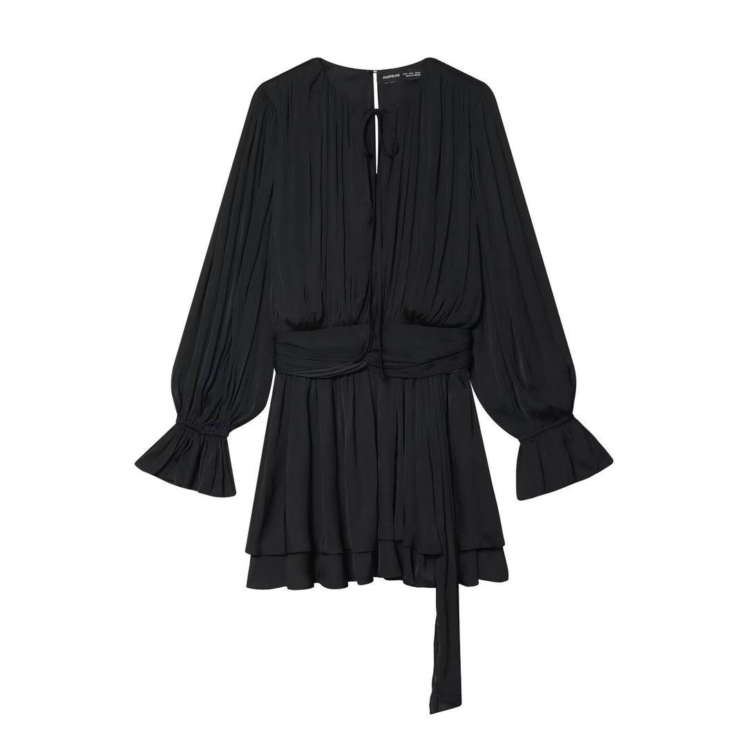 Damen Plissiertes Bindeblouson-Minikleid mit tailliertem Wickelgürtel und Glockenärmeln Echo Archiv