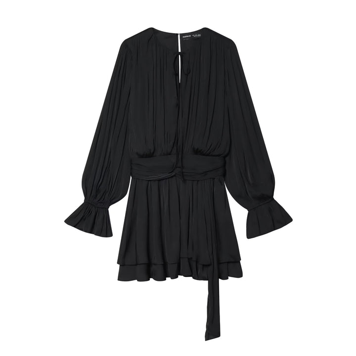 Damen Plissiertes Bindeblouson-Minikleid mit tailliertem Wickelgürtel und Glockenärmeln Echo Archiv