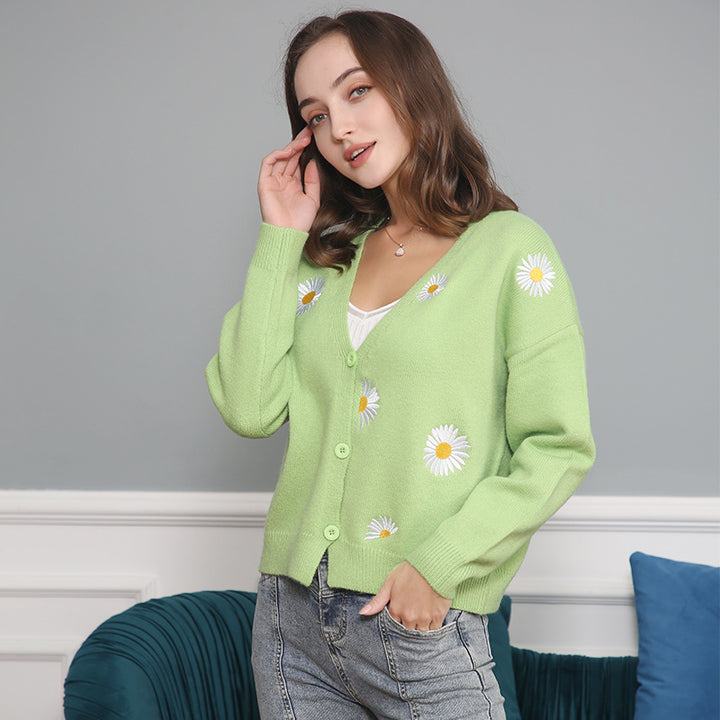 Damen Kurzgeschnittener V-Ausschnitt-Strickcardigan mit gestickten Gänseblümchen und Rippbündchen Echo Archiv