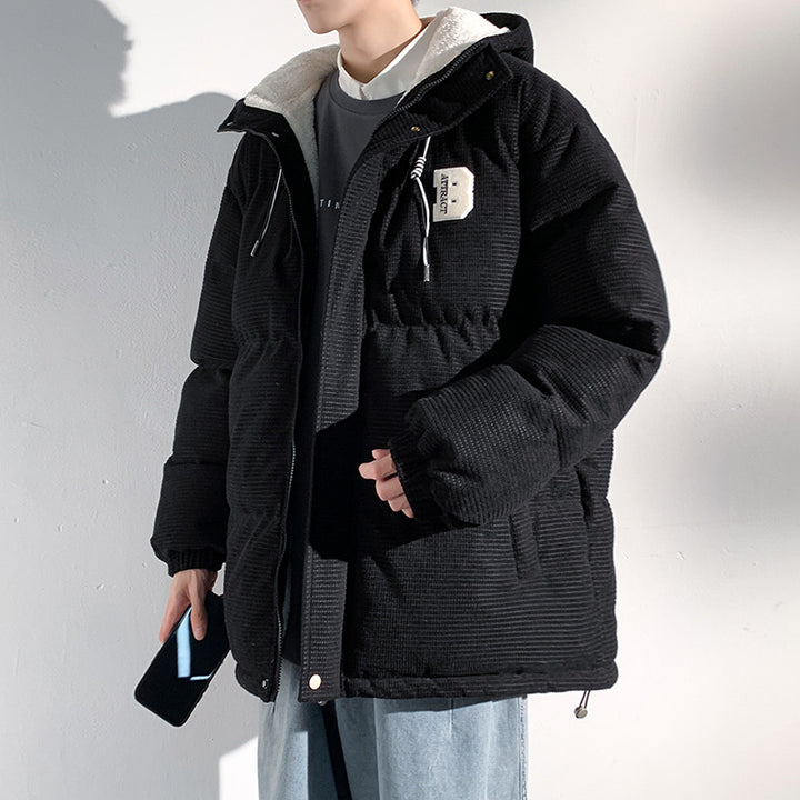 Herren Gepolsterte Cord-Steppjacke mit Kapuze, Teddyfleece-Innenfutter und Oversize-Schnitt Echo Archiv