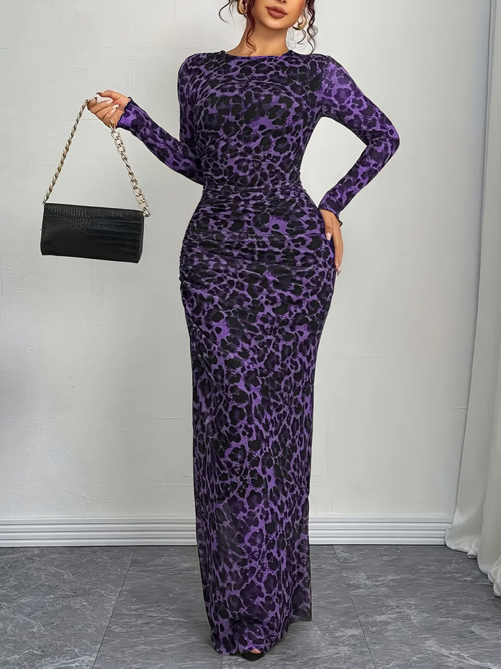 Damen nan figurbetontes Maxikleid mit Animal-Print geraffter Taille und langen Ärmeln Echo Archiv