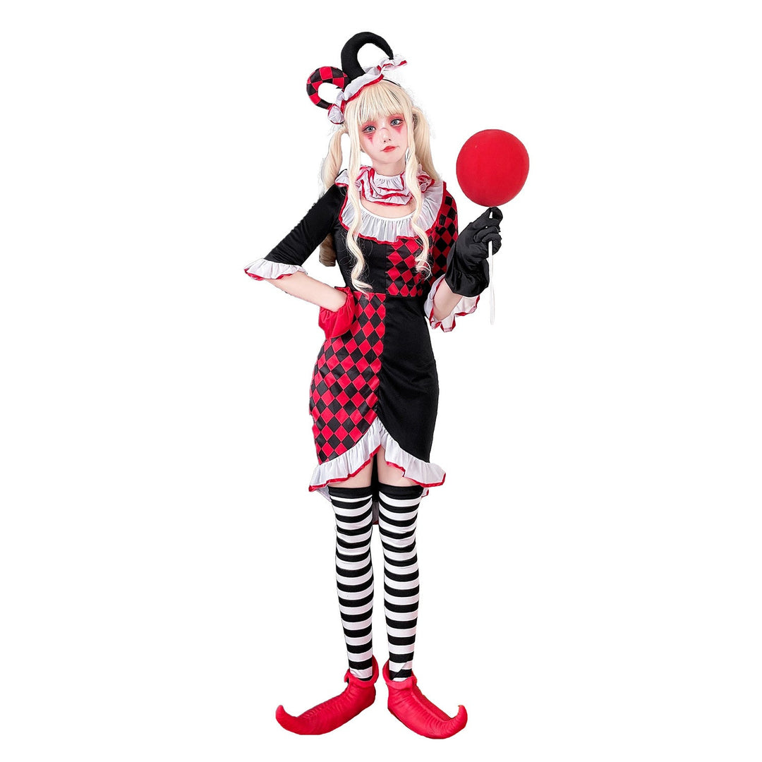 Mädchen Clownkostüm mit verspielt gestreiftem Strumpf und Hut Echo Archiv