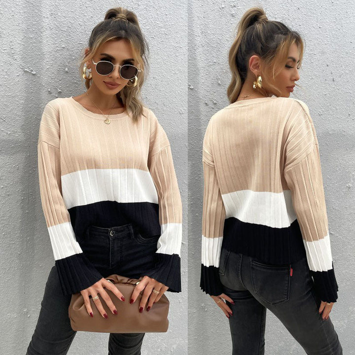 Damen Gerippter Colorblock-Pullover mit weitem Ärmelbündchen Echoarchiv