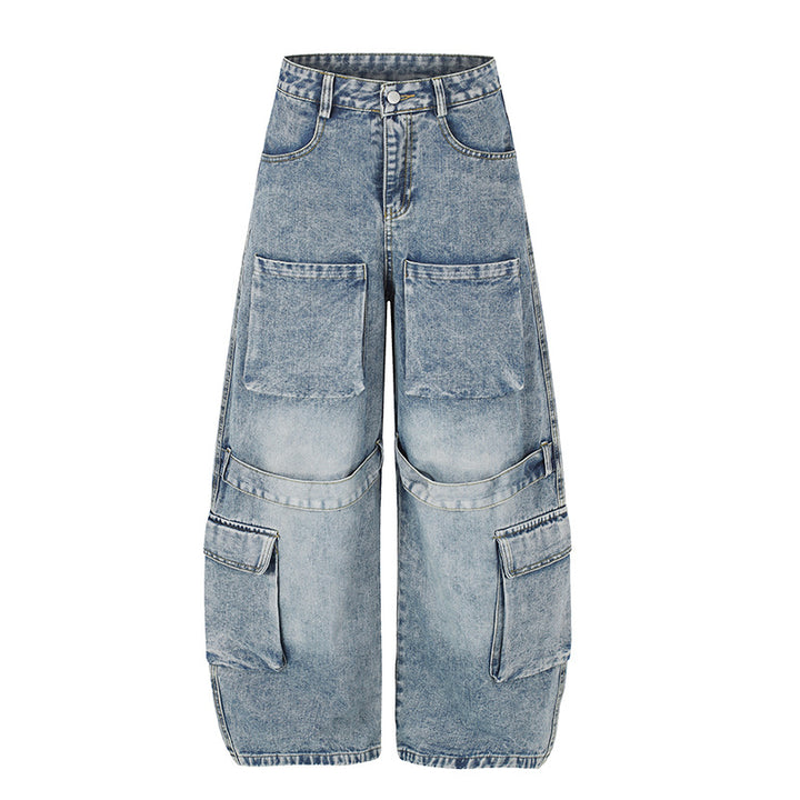 Damen Hochgeschnittene weite Cargo-Palazzo-Jeans mit großen aufgesetzten Taschen und Vintage-Waschung Echoarchiv