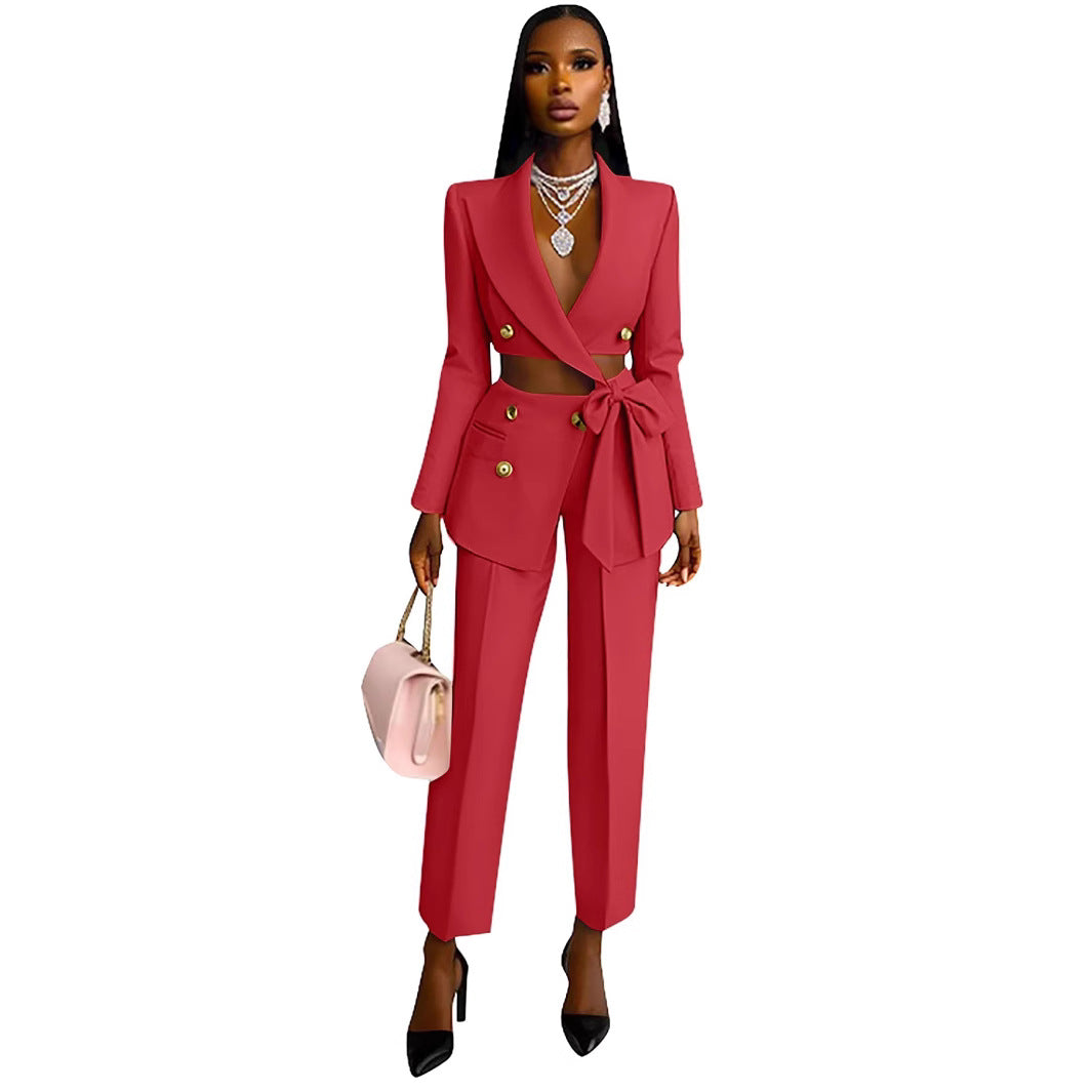 Damen Taillierter Crop-Blazer mit Zierschleife, Doppelreiher und Hochtaillierter Hose – Valéne